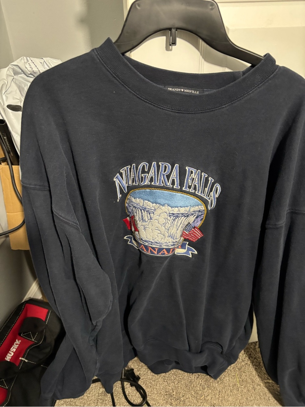 Brandy Melville Navy Niagara Falls Embroidered Crewneck